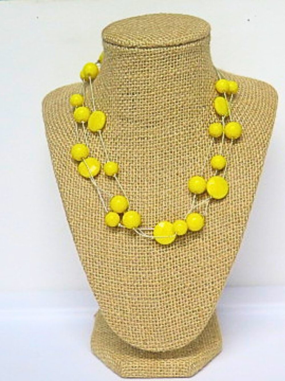 Bright Yellow Beaded Multi Strand Statement Necklace Silver Tone Adjustable